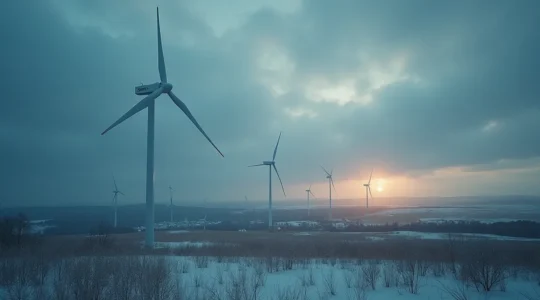 Une vaste plaine québécoise en hiver avec plusieurs éoliennes en fonctionnement sous un ciel dynamique, symbolisant la transformation du vent en richesse économique et en emplois pour les régions.