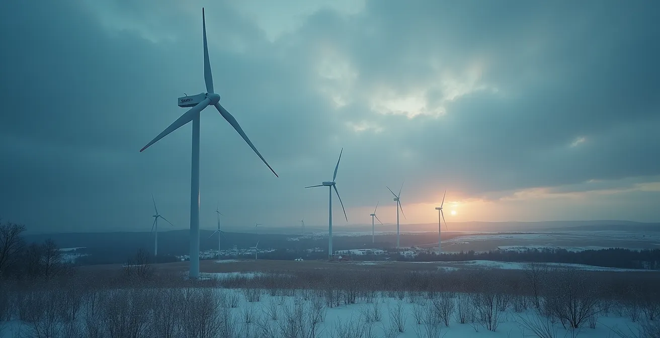 Une vaste plaine québécoise en hiver avec plusieurs éoliennes en fonctionnement sous un ciel dynamique, symbolisant la transformation du vent en richesse économique et en emplois pour les régions.