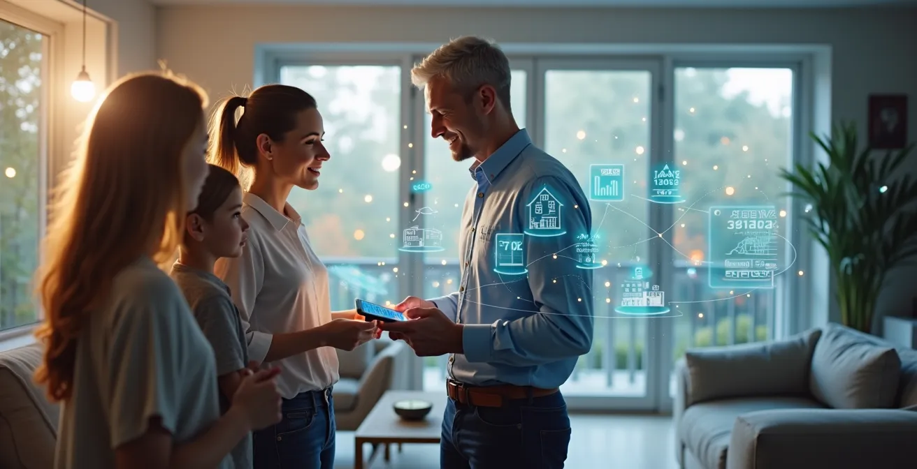 Un foyer québécois high-tech avec panneaux solaires, compteur intelligent et appareils connectés, vus en réseau sur fond d'une ville moderne