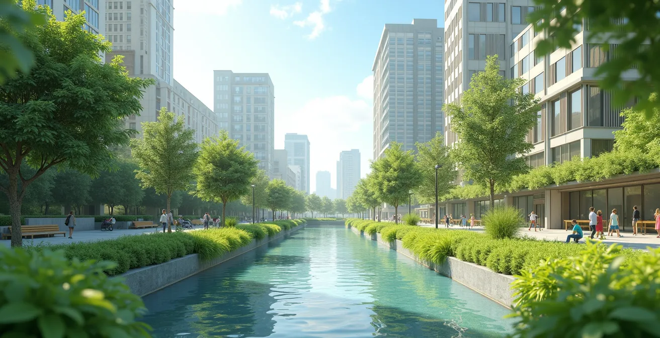 Exemple d'une ville éponge avec jardins de pluie, toits verts et espaces urbains perméables