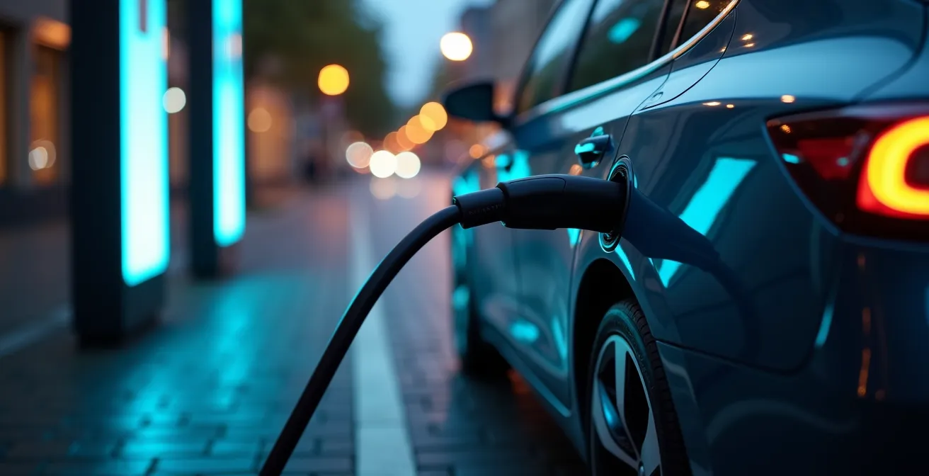 Représentation d'une voiture électrique connectée au réseau électrique dans un contexte urbain, symbolisant la recharge bidirectionnelle V2G