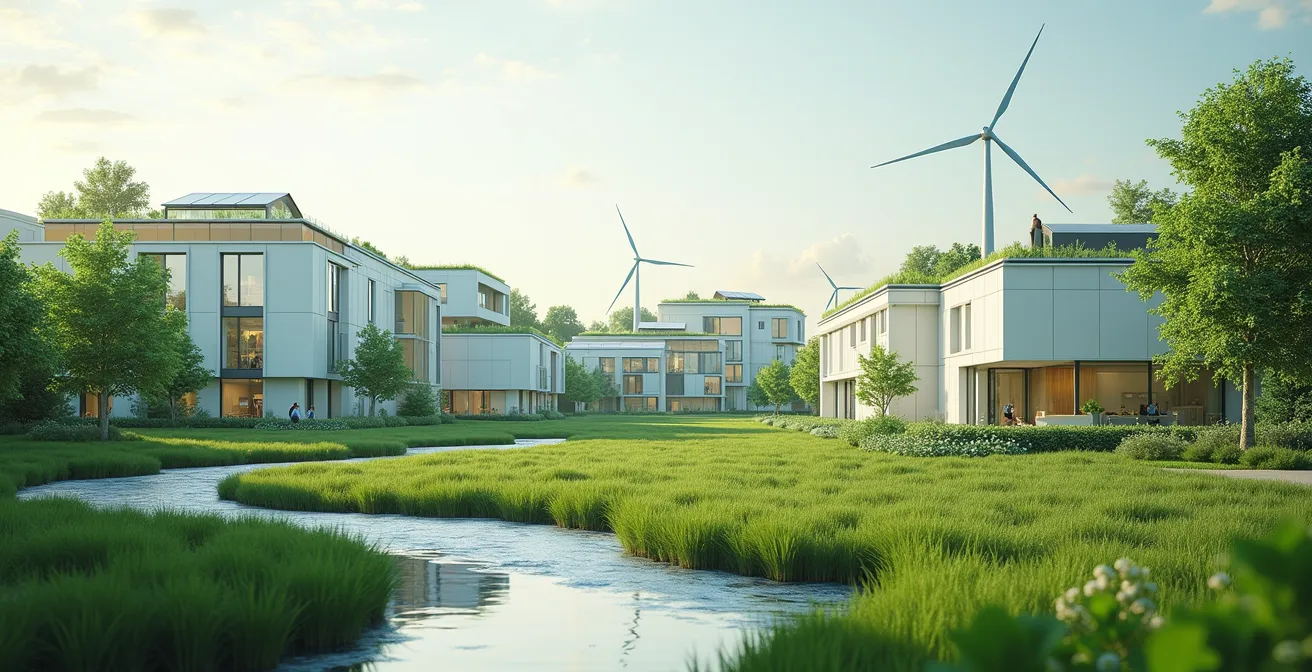 Vue artistique d'un cluster technologique vert au Québec avec des bâtiments modernes, laboratoires et espaces verts intégrés