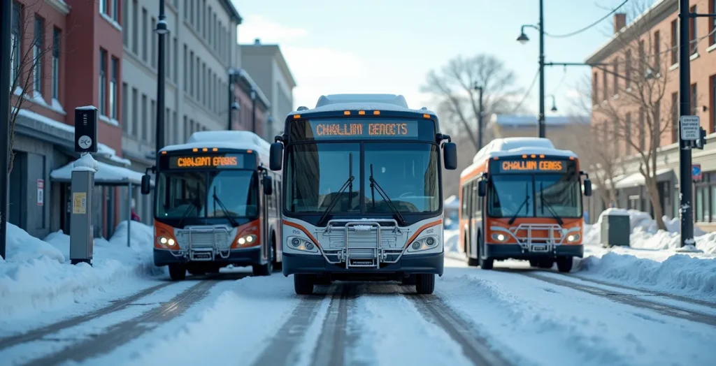 Comparaison visuelle des différentes technologies de recharge d'autobus : bornes lentes, pantographes rapides, et recharge par induction dans un environnement hivernal québécois