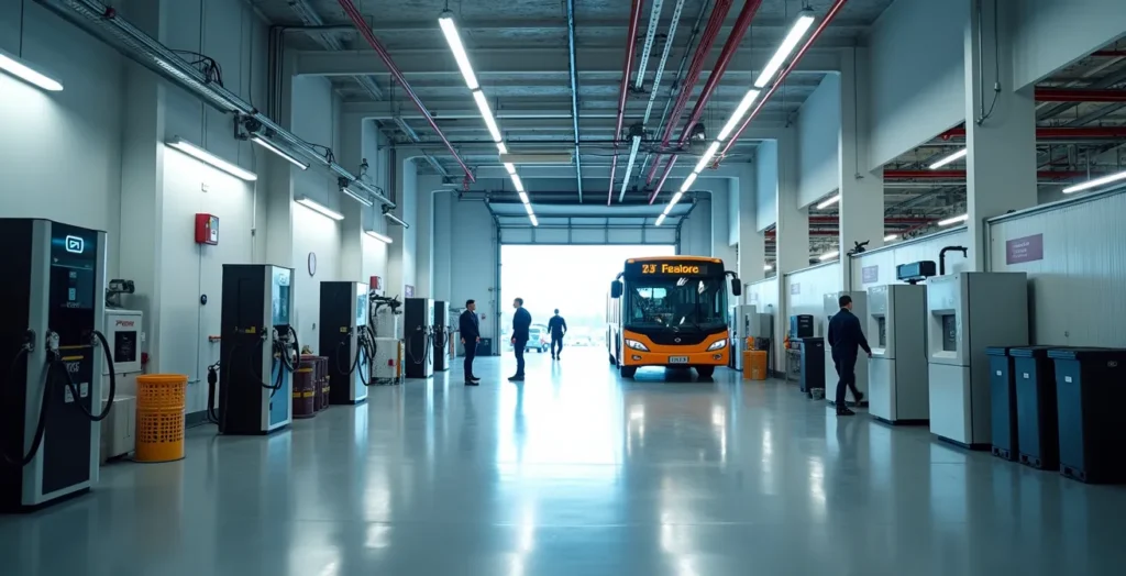 Intérieur moderne d'un dépôt d'autobus avec bornes de recharge, systèmes de sécurité et équipements adaptés aux bus électriques